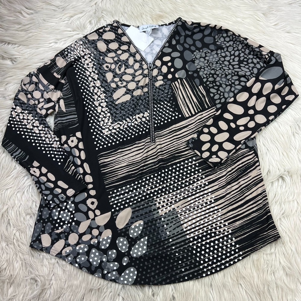 Joseph Ribkoff Women's 12 Rhinestone Zipper Jersey Henley Top Dotted Black Brown